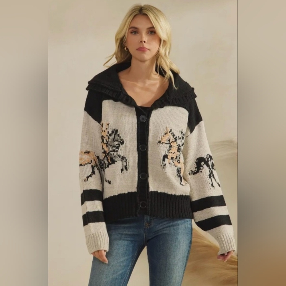 Oatmeal Black Horse Western Button Equestrian Button Cardigan Sweater